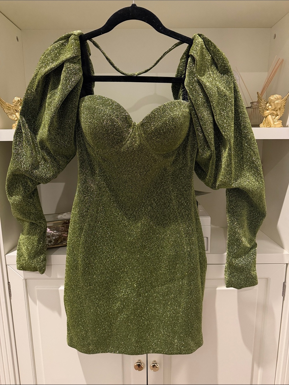 Olive Glitter Puff-Sleeve Mini Dress